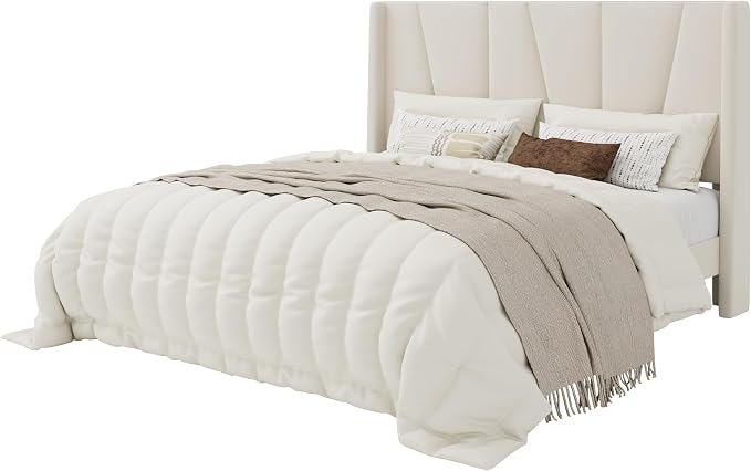 SHA CERLIN Full Size Velvet Bed Frame with Geometric Wingback Headboard, Upholstered Platform Bed with Wooden Slats Support, 8" Under-Bed Space, No Box Spring Needed, Easy Assembly, Cream