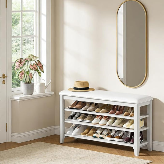 Shoe Rack Bench Entryway Storage with Leather Cushion, Shoe Organizer Bench for Entryway, Ideal for Front Doors Entrances Hallway Mudroom Featuring Rubberwood And 3 Height-Adjustable Removable Shelve