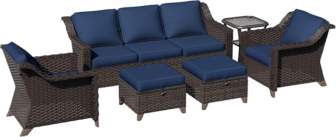 6 Pieces Patio Conversation Furniture Set - 1 Sofa, 2 Armchairs, 2 Ottomans, 1 Side Table, Outdoor Wicker Furniture with Removable Cushions for Porch, Balcony, Sunroom (Blue)