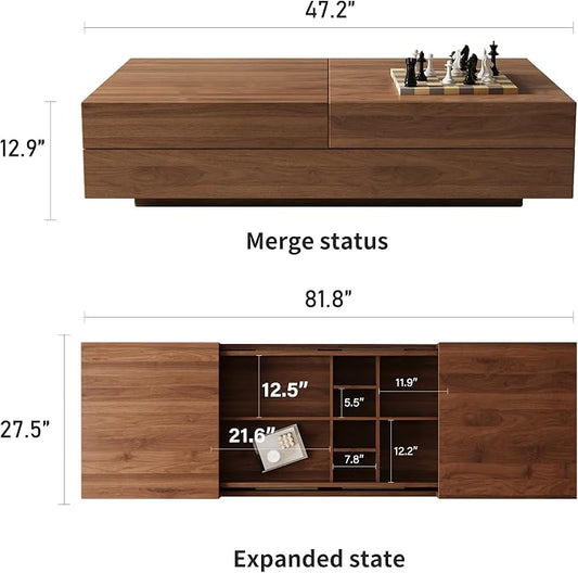 Mid-Century Modern Farmhouse 47.2-81.8" Expandable Coffee Table,Adjustable Center Table with Large Storage for Living Room, Walnut