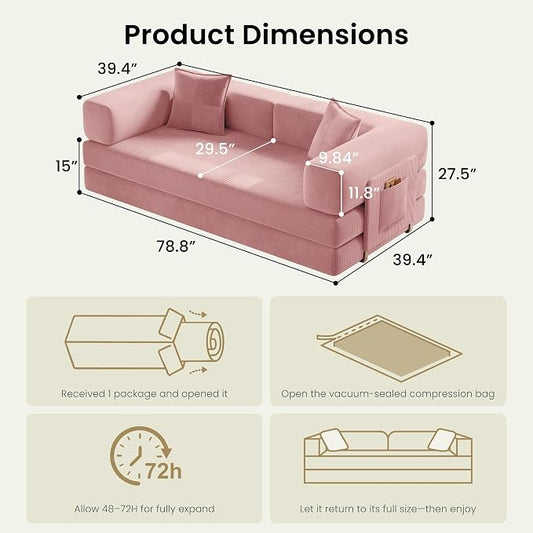 78.8" Convertible Futon Sofa Bed,Corduroy Futon Couch with Storage Pocket,Folding Pull Out Sofa,No Assembly Boneless Couch for Living Room | Pink