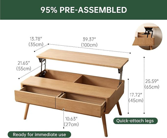 100% Solid Wood Lift Top Coffee Table for Living Room, Mid Century Modern Tables with Drawers and Large Storage, Oak Coffee Tables for Small Spaces (Oak Wood Log, 39.37" W x 21.65" D x 25.59" H)