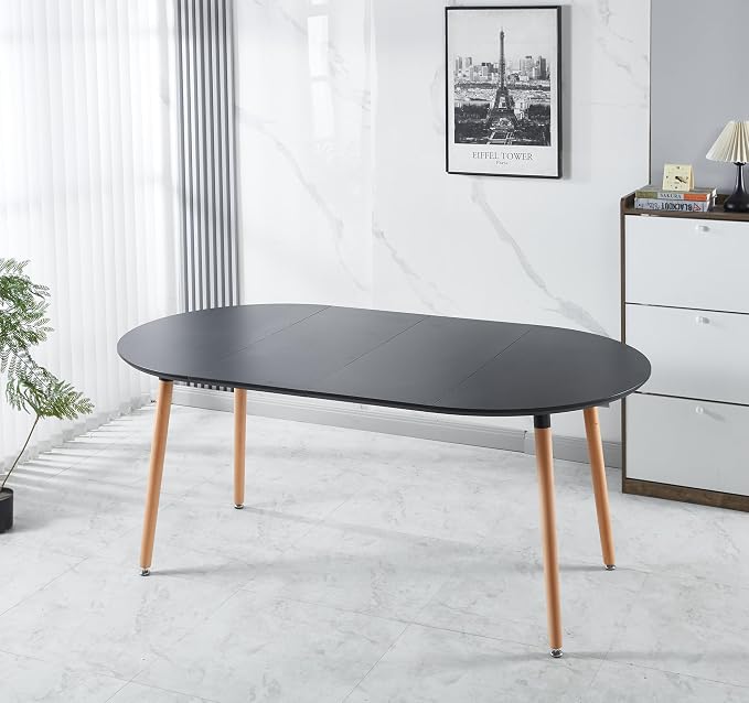 Extendable Round Dining Table for 4 6 Wooden Dining Room Table 39" to 70" Modern Kitchen Table for Dining Room Office Expandable Oval Dinner Table with MDF Top and Wood Tapered Metal Legs Black