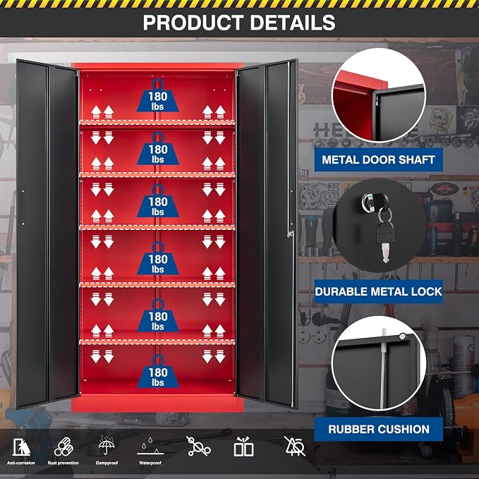 Fesbos Metal Storage Cabinet-72” Tall Steel File Cabinets with Lockable Doors and Adjustable Shelves-Black&Red Steel Storage Cabinet for Home, School, Office, Garage