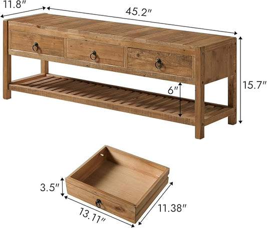 Wnutress 45.2" Reclaimed Solid Wood Benches with 3 Drawers & Slatted Storage Shelf, Rustic Farmhouse Long Entryway Bench Seat for Indoor, End of Bed, Living Room, Hallway, Natural Finsh