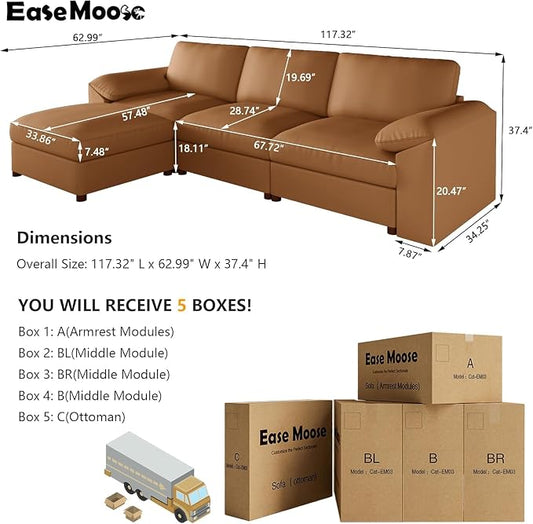 EASE MOOSE Leather Sectional Couch, Oversized Modular Sectional Sofas, Wide Deep Seat Modular Couch, Scratch Resistant Faux Leather Material, L Shaped Sofa for Big Spaces, Brown