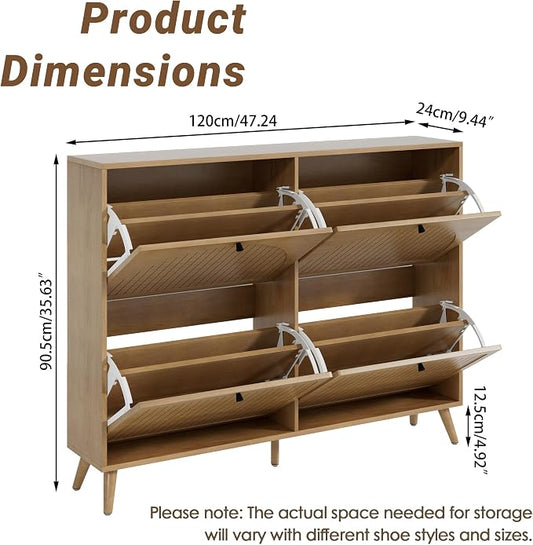 Fsbecl Shoe Storage Cabinet for Entryway with 4 Flip Drawers, Narrow Shoe Organizer with Fluted Panel, Freestanding Wood Hidden Shoe Cabinet (Wood Color, 4 Flip Drawers)