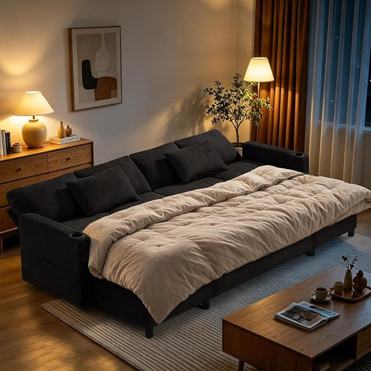 110" Fabric Pull-Out Couch Bed w/Adjustable Backrests, Black | Sectional Sleeper Sofa w/USB Ports & 2 Cup Holders, Upholstered U-Shaped Couch w/Storage Chaise for Living Room, House