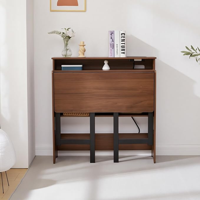 Fold Out Desk with Power Outlets, Small Foldable Table with Storage Shelf,Space-Saving Hidden Desk for Bedroom, Living Room & Office (Walnut)