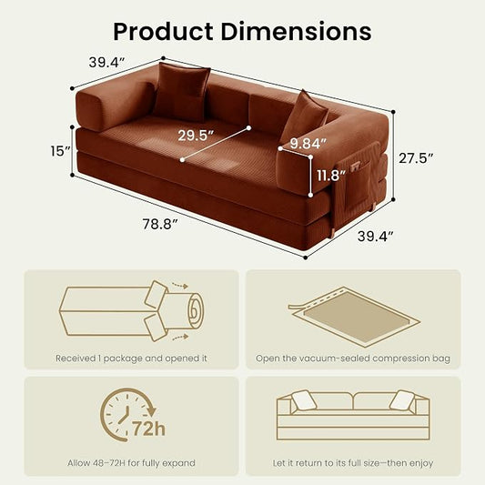 78.8" Convertible Futon Sofa Bed,Corduroy Futon Couch with Storage Pocket,Folding Pull Out Sofa,No Assembly Boneless Couch for Living Room,Rust Red