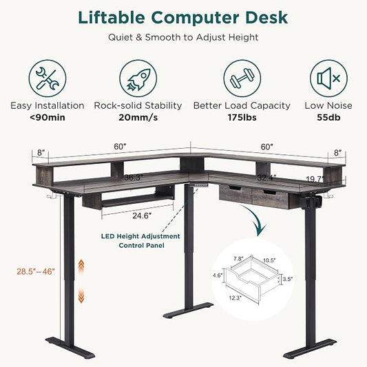 RedLemon 60 Inches L Shaped Electric Standing Desk,Height Adjustable Corner Gaming Desk with Drawers, Keyboard Tray, Power Outlets & LED Lights, Computer Desk with Monitor Shelf, Dark Rustic Oak