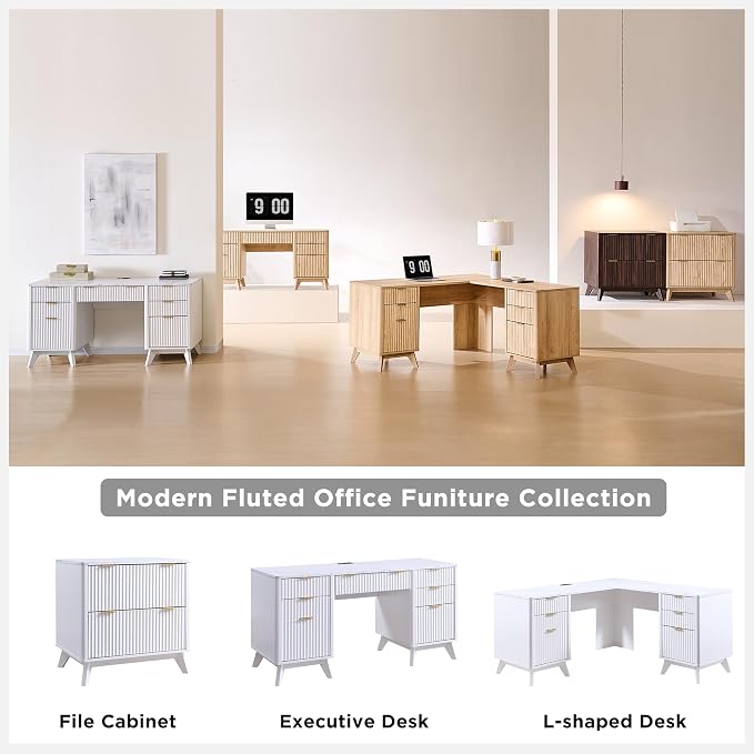 T4TREAM Fluted Executive Desk with Drawers, 60" Modern Home Office Computer Desk with Charging Station, File Cabinet, Keyboard Tray and Storage Cabinet for Study, Living Room, Bedroom, Solid White