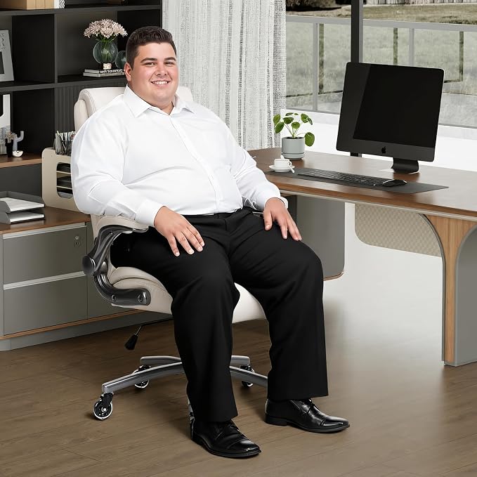 MALOL Ergonomic High-Back Executive Office Chairs, Heavy Duty Home Computer Chair with Lumbar Support, Flip-Up Arms, and PU Leather Upholstery, Beige