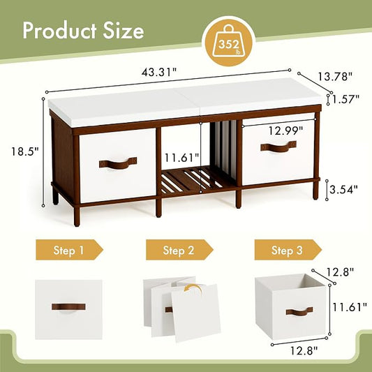 Storage Bench, 43.3" Bamboo Storage Chest with 3 Drawer, Entryway Bench with Cushioned Seat, Shoe Bench with Storage Toy Box, Toy Chest Storage Bench for Entryway, Living Room, Bedroom, Walnut