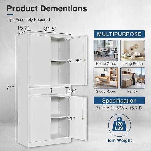 White Metal Storage Cabinet with Lock, 71" Tall Garage Storage Cabinets with Doors and Shelves, Lockable Tool Caninet Steel Locking Cabnets File Caninet for Home Office, Garage, Pantry