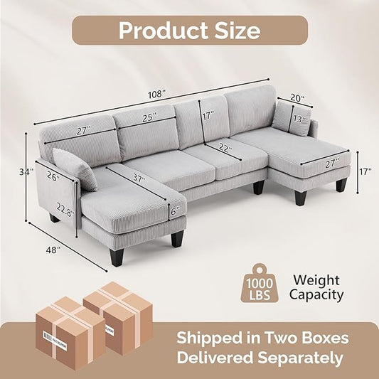 VINGLI 108" W U-Shaped Sectional Couches for Living Room, Sturdy Wooden Armrest Corduroy Cloud Couch with Double Chaise, High Support Modern 4-Seat Sectional Sofa for Apartment, Offices, Light Grey