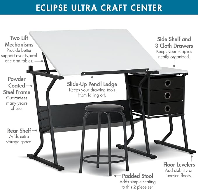 2 Piece Eclipse Ultra Center/Drawing Table with Stool, Angle Adjustable Top, Storage Shelves, and Drawers