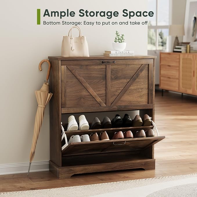 Smart FENDEE Shoe Cabinet, Shoe Storage Cabinet for Entryway with 2 Flip Drawers, Narrow Farmhouse Shoe Organizer Cabinet, Slim Shoe Rack Cabinet, 31.5in Walnut