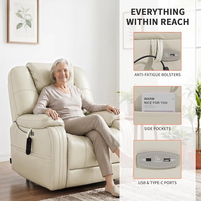 EONIX Triple Motor Lay Flat Power Lift Recliner Chair for Elderly with Adjustable Headrest, 400lbs Electirc Lift Chair for Living Room, Lumbar Pillow, Extended Footrest, Cream White