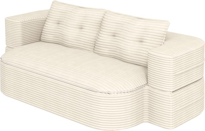78.7" Futon Sofa Bed, 2-in-1 Foldable Sleeper Sofa, Convertible Floor Couch with Pillows, Corduroy Couch with Multi Functional Blanket Upholstered Boneless Couches for Living Room, Cream Beige