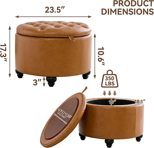 WUTUTUEE 24Inch Round Storage Ottoman with Tray, Modern Tufted Leather Circle Coffee Table with Storage, Upholstered Ottoman with Removable Top for Living Room, Bedroom, Leather Brown