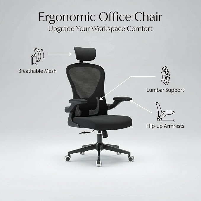 Office Chair with Adjustable Lumbar Support & Flip-Up Armrests -Ergonomic High Back Computer Desk Chair with Thickened Seat Cushion, Rolling Wheels for Home/Office Study Work (02H-Black)