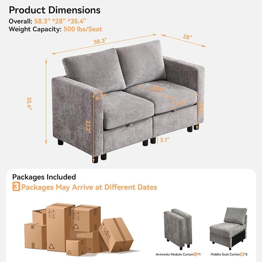 WUTUTUEE 58”Modular Sectional Loveseat Sofa, Modern Love Seat 2 Seater Sofa Couch with Storage, Chenille Modular Sectional Couch for Living Room, Bedroom, Office, Small Apartment, Light Grey