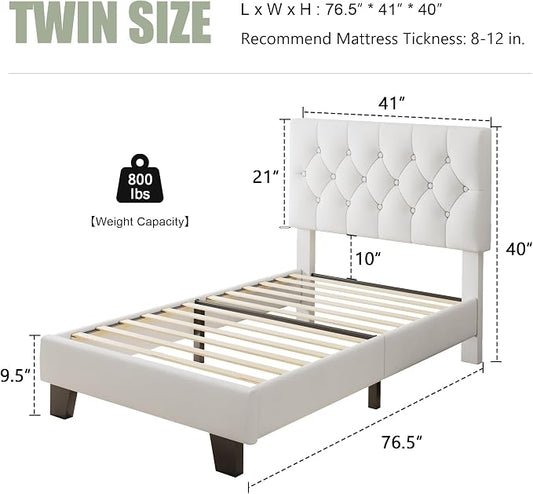 Feonase Velvet Twin Size Bed Frame with Button Tufted Headboard, Upholstered Bed with Wooden Slats Support, No Box Spring Needed, Easy Assembly, Noise-Free, White