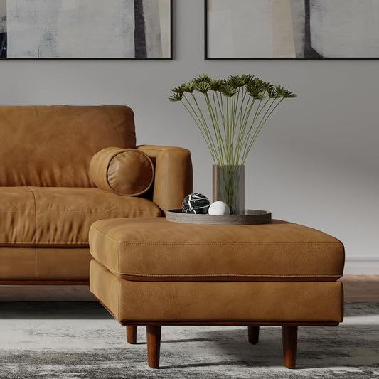 SIMPLIHOME Morrison 33 inch Wide Ottoman in Sienna Genuine Leather, Multifunctional Footrest, Coffee Table, and Extra Seating for Living Room, Mid-Century Modern Style