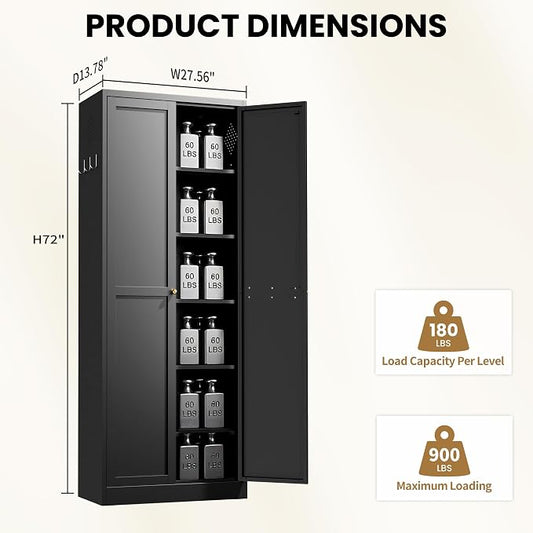 Kitchen Pantry Cabinet, 72" Tall Black Metal Storage Cabinet, Kitchen Storage with 2 Doors and 5 Adjustable Shelves, Freestanding Cupboard for Living, Dining Room and Bathroom,Assemble Required