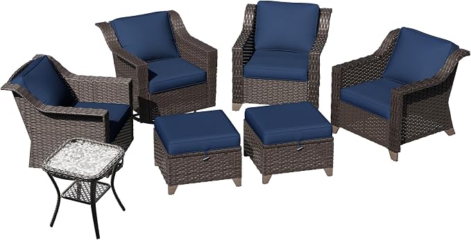 7 Pieces Patio Conversation Furniture Set - 2 Armchairs, 2 Ottomans, 2 Swivel Chairs, 1 Side Table, Outdoor Wicker Furniture with Removable Cushions for Porch, Balcony, Sunroom (Blue)