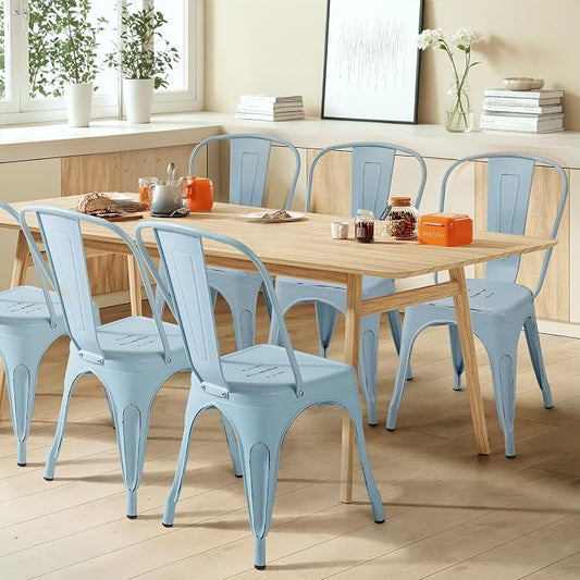 Furmax Metal Dining Chair Indoor Outdoor Use Stackable Chic Side Classic Trattoria Metal Chairs Set of 4 for Kitchen, Dining Room, Bistro and Cafe (Distressed Blue)