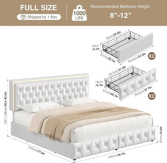 Keyluv Full Size LED Bed Frame with 4 Storage Drawers and Adjustable Headboard, PU Leather Upholstered Button Tufted Modern Platform Bed, Solid Wooden Slats Support, Easy Assembly, White