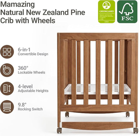MAMAZING EvoNest 6-in-1 Convertible Baby Mini Crib with Wheels | GREENGUARD Gold Certified, New Zealand Pine Wood, 4 Adjustable Heights, Rocking Mode, Small Spaces Design, Walnut Brown