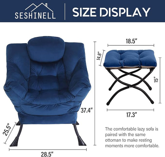 Lazy Chair with Ottoman, Modern Accent Chair Sofa Chair with Armrests, Reading Chair and Folding Footstool for Living Room, Bedroom, Office, Royal Blue