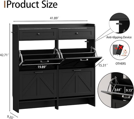 Shoe Cabinet with 4 Flip Drawers & 2 Top Drawers, 43" Tall Freestanding Narrow Wooden Shoe Storage Organizer for Entryway, Hidden Slim Shoe Rack for Front Door Entrance, Hallway, Living Room, Black