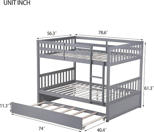 Harper & Bright Designs Convertible Wood Full-Over-Full Bunk Bed with Trundle and Ladder - Can Be Divided Into Two Platform Beds, Grey