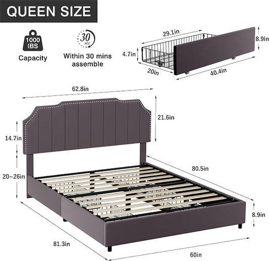 VECELO Queen Velvet Upholstered Platform Bed Frame with 4 Rollers Storage Drawers,Queen Size Bed with Tufted Height Adjustable Headboard,Wooden Slats/No Box Spring Needed/Easy Assembly