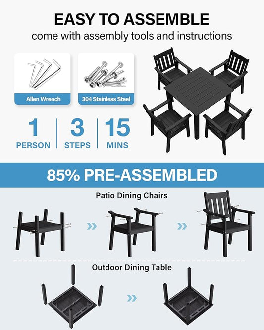 YEFU HIPS Patio Table Set: 5 Piece Outdoor Square Table and Chairs with Metal Aluminum Frame - Black Modern Plastic Patio Dining Furniture Set 4 Person for Outside Deck