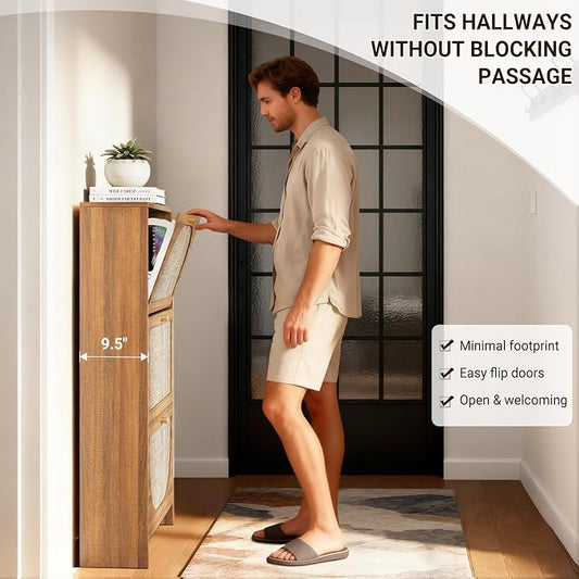 Nicetree Rattan Arched Accent Shoe Storage Cabinet - Freestanding Ultra Slim for Entryway, 3 Flip Drawers & 3-Tier Adjustable Shelves, Farmhouse Modern Rustic Shoe Rack for Hallway, Foyer, Living Room