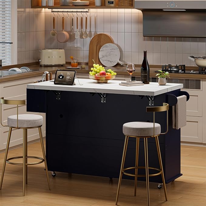 ONBRILL 60" Kitchen Island with Power Outlet & Drop Leaf, Rolling Island with Spice Rack & Towel Rack, Kitchen Island Cart with Trash Storage Cabinet, Island Table for Kitchen, Blue+Imitation Marble