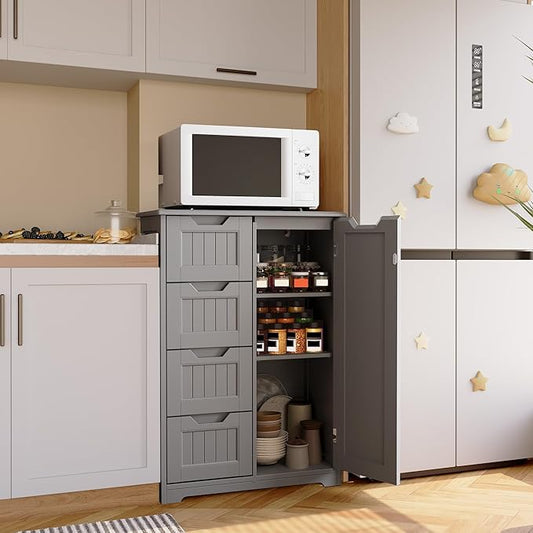 Gizoon Small Pantry with Door and Shelves, 33'' Kitchen Pantry Cabinet Freestanding Wooden Bathroom Storage Cabinet with 4 Drawers for Kitchen and Dining Room, Gray, Painted