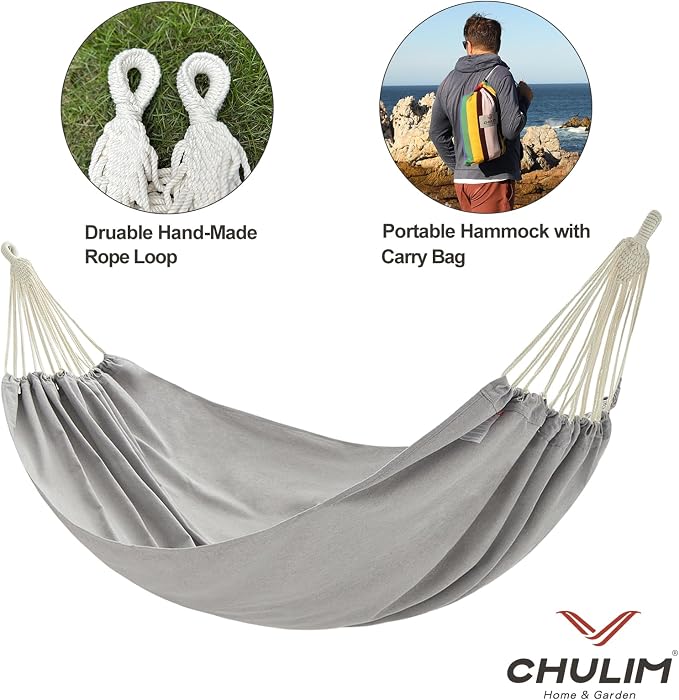 CHULIM Brazilian Double Hammock with Tree Straps,Extra Large 94x63IN,2 Persons Hammock for Backyard Patio Outdoor and Indoor,450lbs Weight Capacity,Soft Woven Cotton Fabric - Light Grey