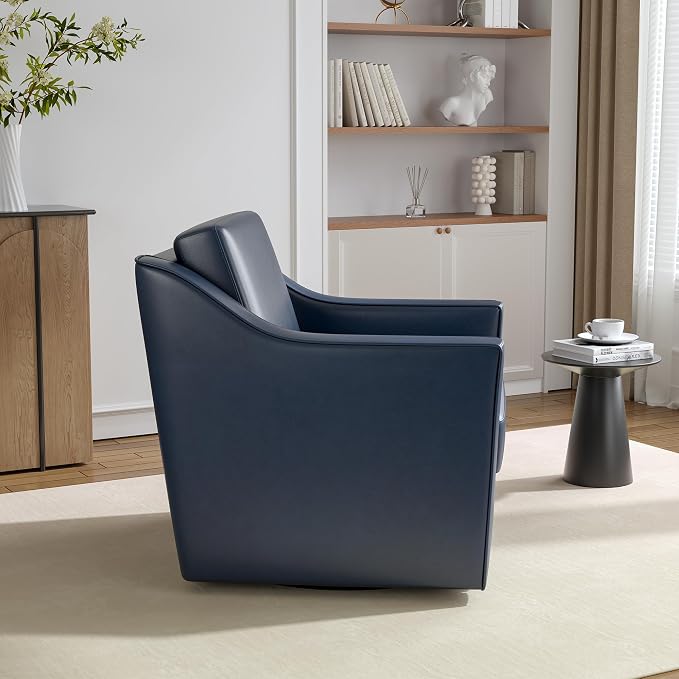 Swivel Accent Chairs Set of 2, 360° Swivel Upholstered Faux Leather Club Armchairs for Living Room, Comfy Single Sofa Reading Chair with Deep Seat, Metal Swivel Base, Navy