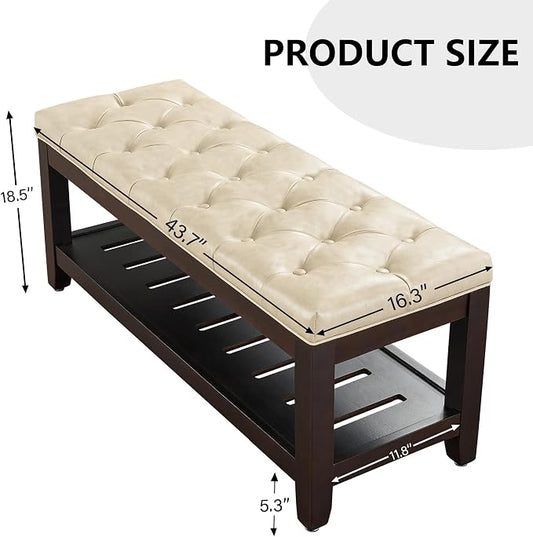 adochr PU Leather Large Rectangular Ottoman with Storage,Upholstered Entryway Bench for Living Room, Oversized Button Tufted Ottoman with Wood Shelf Storage, Ivory