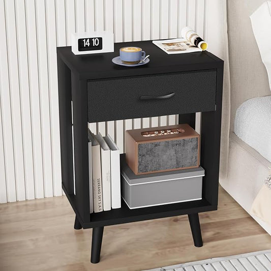 GYIIYUO 24" H Nightstands Set of 2 with Fabric Drawer, Black | Open Wood Shelf, Side Table with Storage for Bedroom, Spacious 15.7"L x 11.8"W x 24"H Top Fits Lamp + Books, Stable Frame