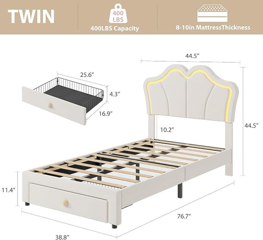 Garvee Twin Bed Frame with Storage, Upholstered LED Bed Frame with Headboard, Cute Velvet Platform Bed Frame for Kids, Girls, Solids Wood Slats Support, No Box Spring Needed, Easy Assembly, White