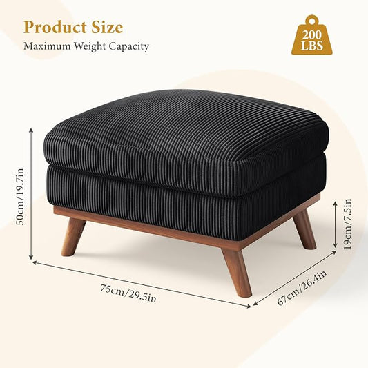 Vesgantti Large Ottoman for Modular Sofa, 29.5" Corduroy Ottoman with Spring Cushion, Rectangle Foot Rest for Couch, Entrance Footstool with Wood Legs, Footstool for Living Room, Bedroom, Black