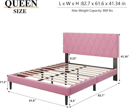 CXVX Queen Size Bed Frame with Diamond Tufted Headboard, Velvet Upholstered Platform Bed and Wooden Slat Support, Noise-Free, No Box Spring Needed, Easy Assembly, Pink