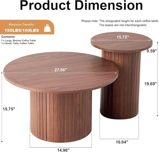 Round Nesting Coffee Tables for Living Room, Set of 2, Brown | φ27.6 + φ15.8 Boho Small Circle Side Tables, Fluted Drum Design Non-Slip Feet Minimalist Modern End Table Wood Grain Finish